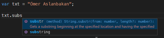 Visual Studi Code, native javascript fonksiyonlarını açıklamaları ile birlikte tamamlıyor.